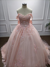 Pink Long Ball Gown Off the Shoulder Tulle Applique Lace Prom Dresses with Bow